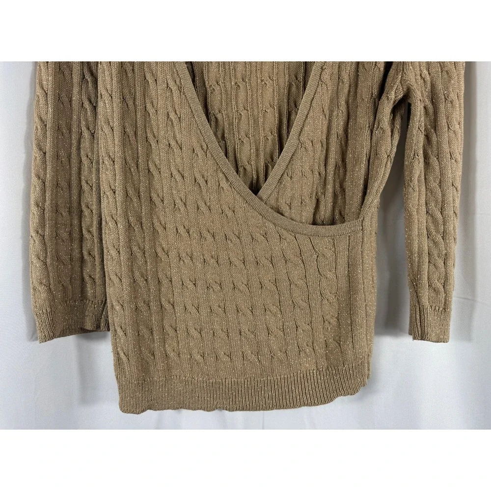 Ann‎ Taylor Womens Tan Cable Silk Blend Knit Wrap Sweater Sparkle Details Size M